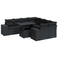 9-delige Loungeset met kussens poly rattan zwart - thumbnail
