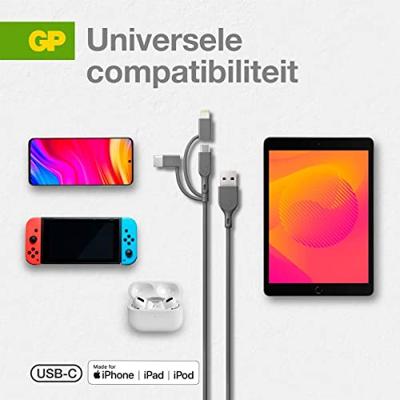 GP GPCBCY1NGYUSB313 USB-laadkabel USB 2.0 USB-A stekker, Apple Lightning stekker, USB-micro-B stekker, USB-C stekker 1.00 m Grijs