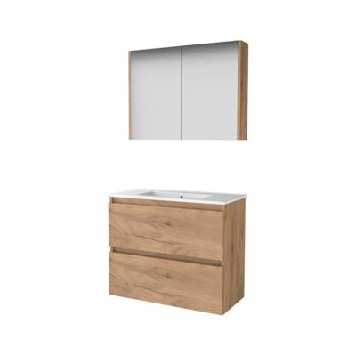 Basic-Line Comfort 39 Badkamermeubelset - Ondiep - 80 x 39 cm - Greeploos - 2 Lades - Keramische Wastafel - 1 Kraangat - Spiegelkast - Whisky Oak