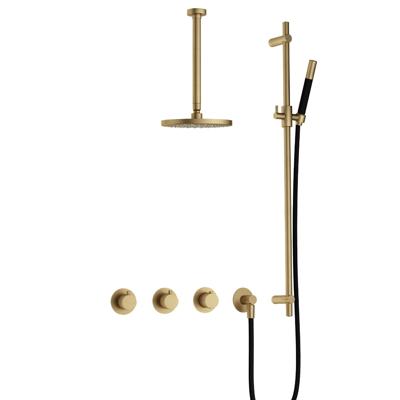 Hotbath Cobber - CB7067 - Inbouw Regendoucheset - Geborsteld Messing - 2 Stopkranen - Thermostatisch - Plafondbuis 30 cm - Hoofddouche 200 mm - Staafhanddouche - Glijstang 900 mm - Waterbesparend