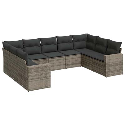 9-delige Loungeset met kussens poly rattan grijs