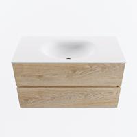 MONDIAZ VICA 90cm badmeubel onderkast Washed Oak 2 lades. Wastafel MOON midden zonder kraangat, kleur Talc. - thumbnail
