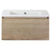 Frozen Badmeubelset 80 cm - Greeplijst in Kleur - Natuur Eiken - Keramische Wastafel Wit Zonder Kraangat - thumbnail