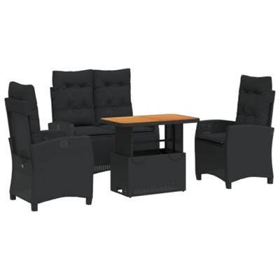 4-delige Tuinset met kussens poly rattan zwart