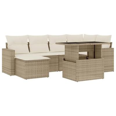 7-delige Loungeset met kussens poly rattan beige
