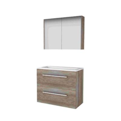 Basic-Line Comfort 39 Badkamermeubelset - Ondiep - 80 x 39 cm - Met Grepen - 2 Lades - Acryl Wastafel - Zonder Kraangat - Spiegelkast - Scotch Oak