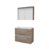 Basic-Line Comfort 39 Badkamermeubelset - Ondiep - 80 x 39 cm - Met Grepen - 2 Lades - Acryl Wastafel - Zonder Kraangat - Spiegelkast - Scotch Oak - thumbnail