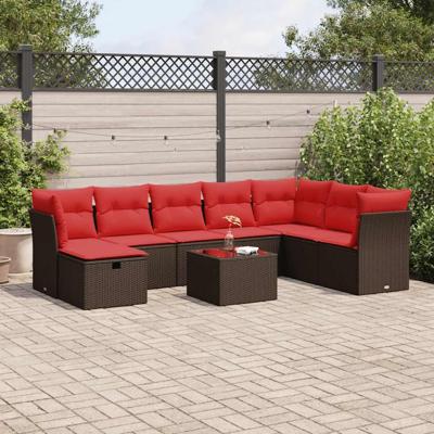9-delige Loungeset met kussens poly rattan bruin