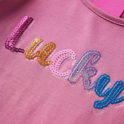 Kindershirt lange mouwen met woord in pailletten 104 frambozenkleur