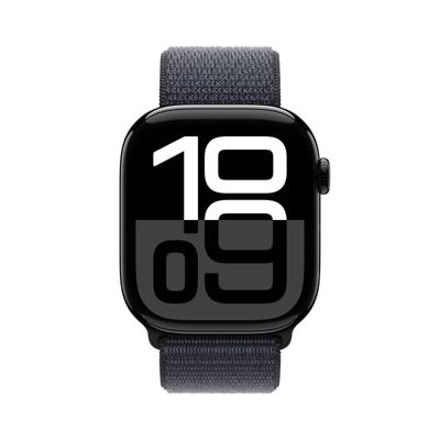 Apple Watch Series 10 (GPS 46 mm) Smartwatch - Kast van gitzwart aluminium - Inkt geweven sportbandje. Conditie bijhouden, Ecg-app, always on Retina-display, CO₂-neutraal