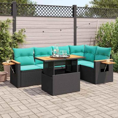 6-delige Loungeset met kussens poly rattan acacia zwart