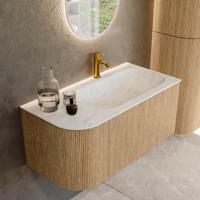 Mondiaz KURVE-DLUX 95 cm Onderkast Greeploos 1 Lade Met Deuren Oak, Wastafel Solid Surface Rechts Opalo 1 Kraangat Zonder Spiegel (KRVBGS95L1L1D1KR-Oak/Opa) - thumbnail