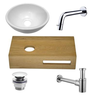 Wiesbaden Oak houten fonteinset compleet met inbouwkraan, waskom links, houten blad, sifon en afvoerplug chroom sw1175/sw296051/sw417832/sw440853/sw450729/