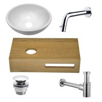 Wiesbaden Oak houten fonteinset compleet met inbouwkraan, waskom links, houten blad, sifon en afvoerplug chroom sw1175/sw296051/sw417832/sw440853/sw450729/ - thumbnail