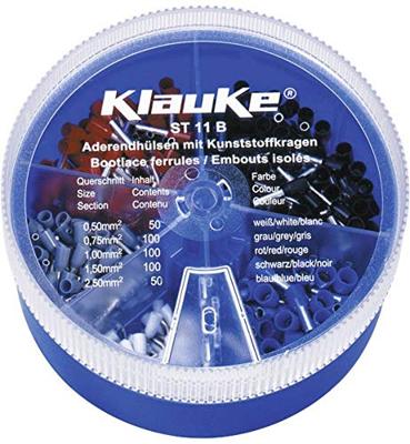 Klauke ST11B Assortiment adereindhulzen 0.5 mm², 0.75 mm², 1 mm², 1.5 mm², 2.5 mm² Deels geïsoleerd Wit, Grijs, Rood, Zwart, Blauw 400 onderdelen Klauke ST11B Assortiment adereindhulzen 0.5 mm², 0.75 mm², 1 mm², 1.5 mm², 2.5 mm² Deels geïsoleerd Wit, Grijs, Rood, Zwart, Blauw 400 onderdelen