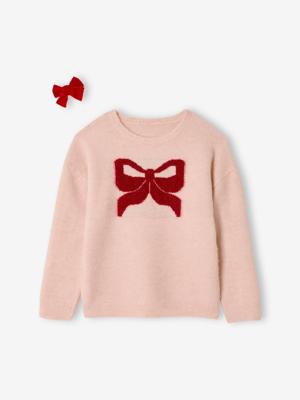 Kerstcadeauverpakking "Renne" jacquard trui + 2 scrunchies voor meisjes lichtroze