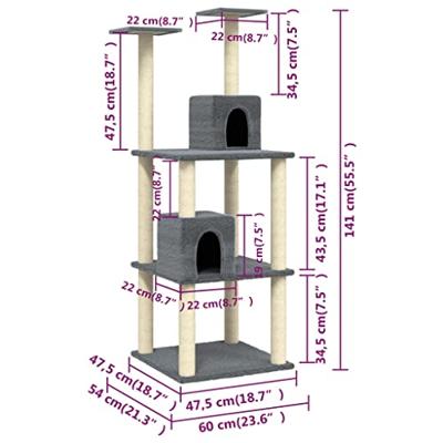 VidaXL Kattenmeubel met sisal krabpalen 141 cm donkergrijs