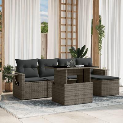 6-delige Loungeset met kussens poly rattan grijs - thumbnail