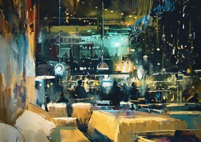 Schilderij - Druk restaurant, Multikleur , 2 maten , print op canvas ,Wanddecoratie