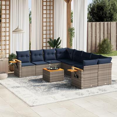 9-delige Loungeset met kussens poly rattan grijs