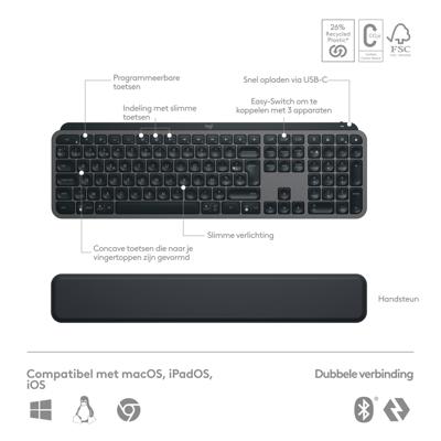 Draadloos toetsenbord - LOGITECH - MX Keys S Combo - Bluetooth - Achtergrondverlichting - Stille toetsen - Grafiet - thumbnail