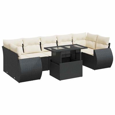 8-delige Loungeset met kussens poly rattan zwart