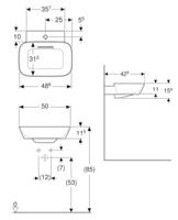 Geberit ONE - Opzetwastafel 50x43x15 cm, verborgen overloop, met kraangat, horizontale afvoer, KeraTect, wit 505.051.00.1 - thumbnail
