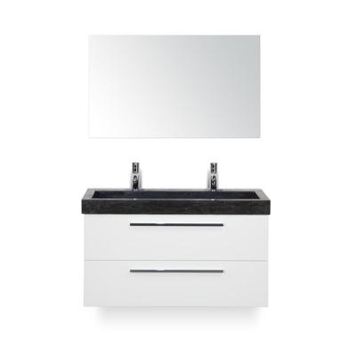 Seville Badmeubelset 100 cm - Wit Hoogglans - Wastafel Hardsteen Wit Lucca 2 kraangaten - met Spiegel