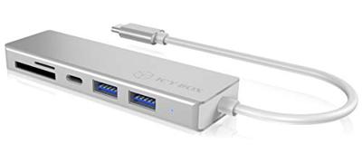 ICY BOX 3-voudige USB-C hub en kaartlezer voor SD en microSD, 3x USB 3.0, USB 3.0-aansluiting, aluminium, geïntegreerde kabel, zilver/wit