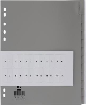 Q-CONNECT tabbladen, A4, PP, 11-gaatsperforatie, 12 tabs, grijs
