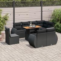 9-delige Loungeset met kussens poly rattan zwart - thumbnail
