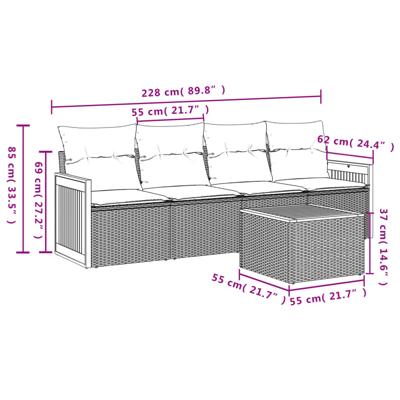 5-delige Loungeset met kussens poly rattan beige - thumbnail