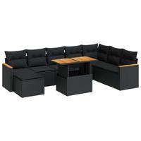9-delige Loungeset met kussens poly rattan zwart - thumbnail