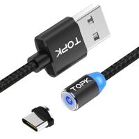 TOPK 1m 2.4A Max USB to USB-C / Type-C Nylon Braided Magnetic Charging Cable with LED Indicator(Black) - thumbnail