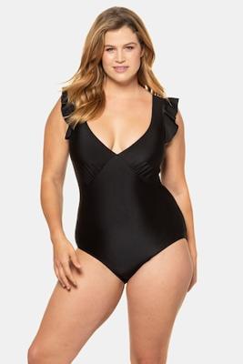 Ulla Popken Badpak, softcups, volantbandjes, ronde ruglijn - Grote Maten