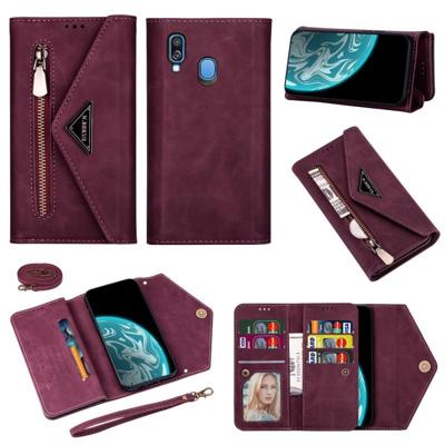 Voor Samsung Galaxy A40 Skin Feel Zipper Horizontale Flip Lederen case met Holder & Card Slots & Photo Frame & Lanyard & Long Rope(Wine Red)