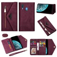 Voor Samsung Galaxy A40 Skin Feel Zipper Horizontale Flip Lederen case met Holder & Card Slots & Photo Frame & Lanyard & Long Rope(Wine Red) - thumbnail