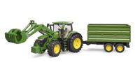 John Deere 7R 350 met voorlader en trailer van Bruder - thumbnail