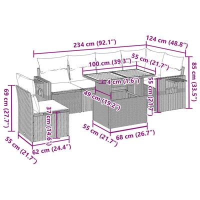 7-delige Loungeset met kussens poly rattan grijs