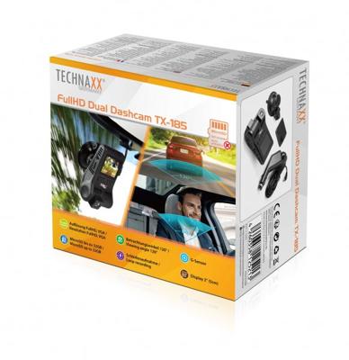 Technaxx FullHD Dual Dash Cam met 1080p, 120° voorkant en 480p, 80° binnencamera - Media afspelen, Bewegingsdetectie, Groothoeklens, Parkbewaking, Audio-opname - Dashcam TX-185