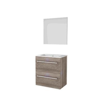 Basic-Line Basic 39 Badkamermeubelset - Ondiep - 60 x 39 cm - Met Grepen - 2 Lades - Keramische Wastafel - 1 Kraangat - Spiegel - Scotch Oak