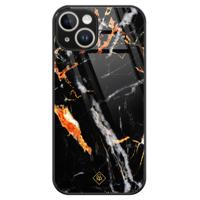 iPhone 14 glazen hardcase - Marmer zwart oranje - thumbnail