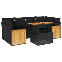 7-delige Loungeset met kussens poly rattan acacia zwart - thumbnail