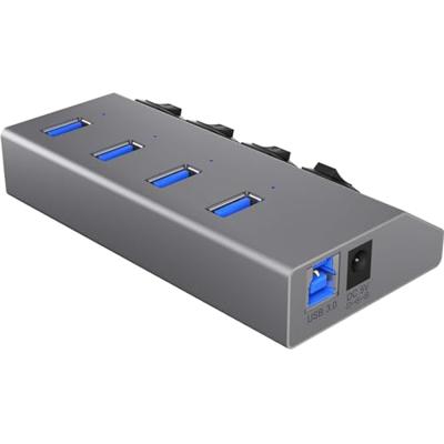 ICY BOX IB-Hub1405 4-voudige USB 3.0 hub en oplader, aan-/uitschakelaar voor elke poort, voeding (5V/4A), aluminium, oplaadstandaard BC 1.2, grijs