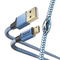 Hama Reflective Micro-USB-kabel (USB-A 2.0 mannelijk naar micro-USB-oplaadkabel en gegevensoverdracht, aluminium stekker, anti-twist reflecterende kabel, gevlochten nylon ommanteling, 1,5 m) blauw - thumbnail