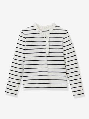 T-shirt met strepen en lange mouwen voor meisjes marineblauw