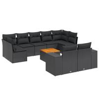 10-delige Loungeset met kussens poly rattan zwart - thumbnail