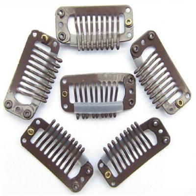 20 stuks 32mm 9-tanden haarverlenging clips snap metalen clips met silicone achterkant (bruin)