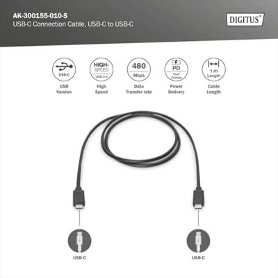 DIGITUS USB 2.0 aansluitkabel - 1.0 m - USB C (St) naar USB C (St) - 480 Mbit/s - Type-C kabel - afgeschermd - zwart