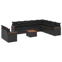 11-delige Loungeset met kussens poly rattan zwart - thumbnail